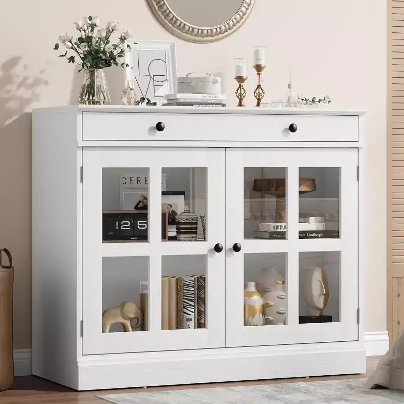 Melamine Sideboard Buffet Cabinet with Glass Door 35.4