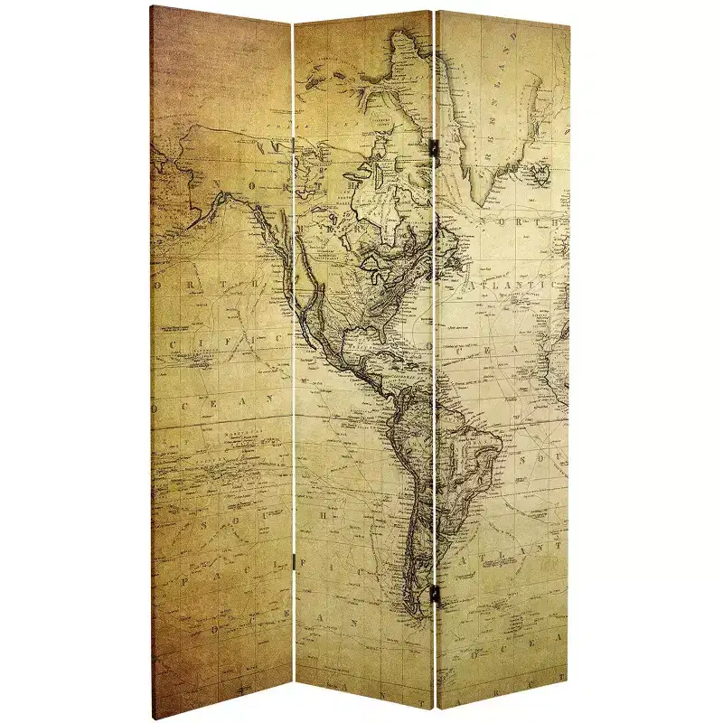 6" Double Sided Vintage World Map Canvas Room Divider Beige - Oriental Furniture: Spruce Wood Frame, No Assembly Required