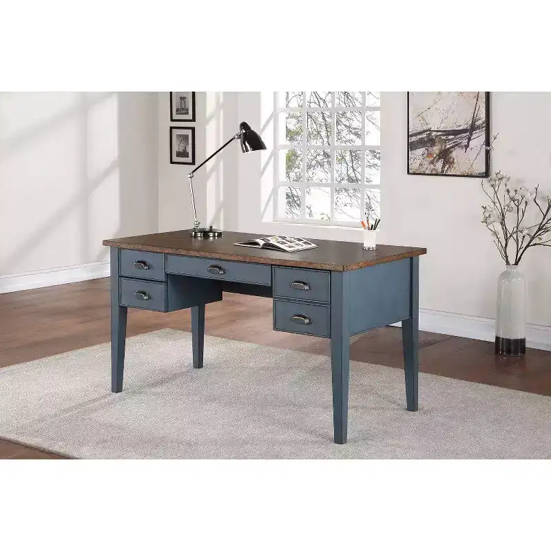 Martin Furniture Farmhouse Half Pedestal Executive Desk Blue: Modern Fairmont Collection, Tapered Legs, Metal Hardware