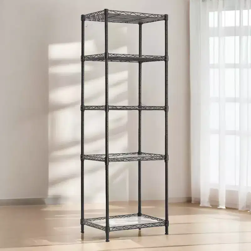 5-Tier Storage Shelves, Kitchen Metal Wire Shelving Unit, Storage Rack, Adjustable Shelves, with 8 Hooks, for Garage, Kitchen