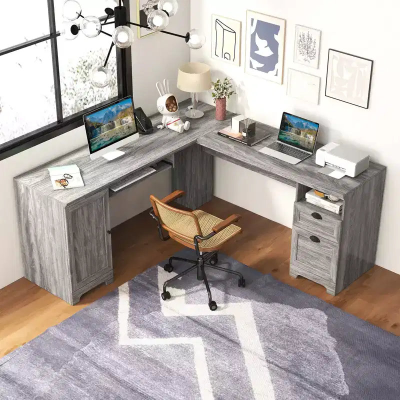 Costway L-Shaped Corner Computer Desk Writing Table Study Workstation w/ Drawers Storage