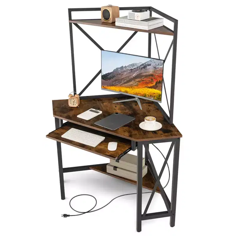 Costway Corner Desk Space-Saving Computer Desk w/ Shelves & Keyboard Tray Rustic Brown