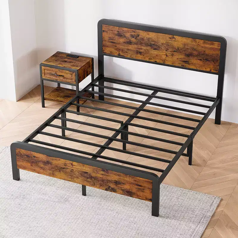 Queen Size Bed Frame with Wood Headboard, Metal Platform Frame with Under Bed Storage, Metal Slats Support, No Box Spring Needed, Noise-Free