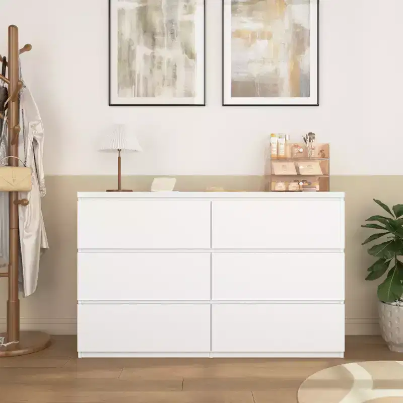 JVNOXK White 6-Drawer Wide Storage Dresser, Modern Wood Clothes Organizer for Bedroom, Hallway, Entryway & Living Room