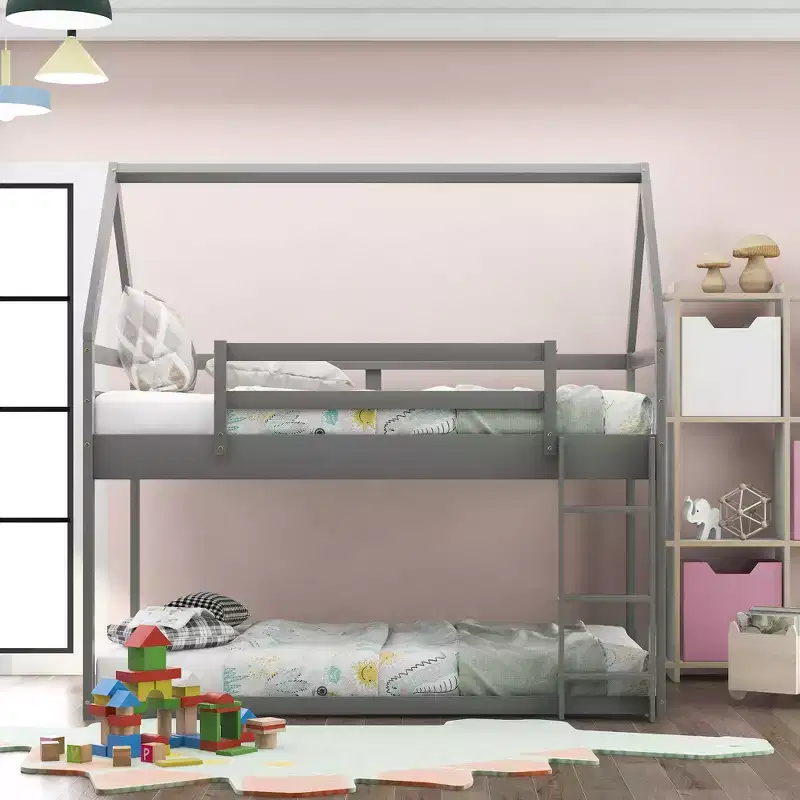 Whisen House-shaped Twin over Twin Low Bunk Bed with Ladder