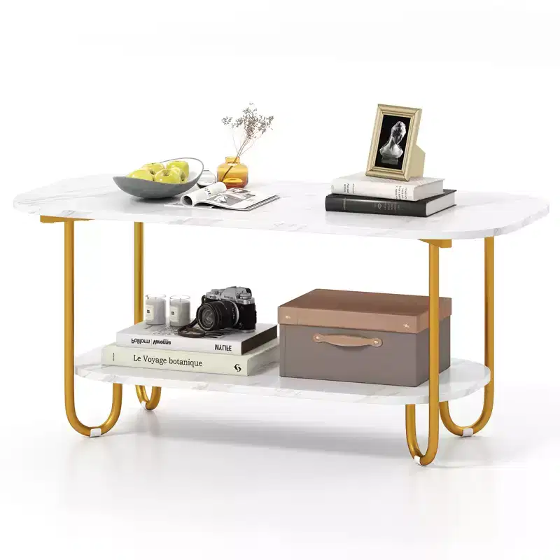 Costway Faux Marble Top Coffee Table w/Metal Frame Rounded Corners & Storage Shelf