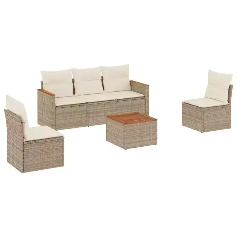 vidaXL 6 Piece Patio Sofa Set with Cushions Beige Poly Rattan