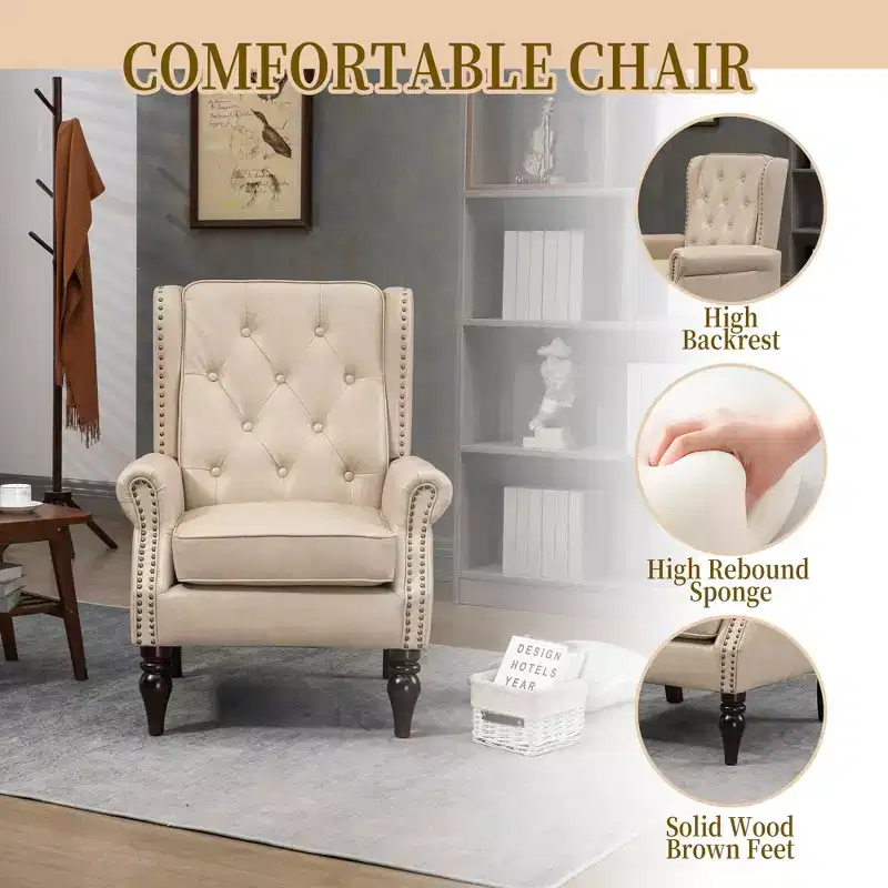 Wood Frame Armchair, Sturdy Wood Legs, Living Room Bedroom, Black PU