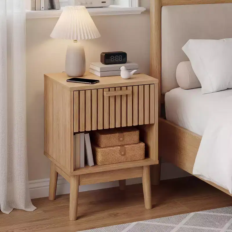 Set of 2 Boho Nightstands, Small Bedside End Tables with Drawer & Open Shelf, Wood Strip Decorated Side Tables for Bedroom, Dorm & Small Spaces