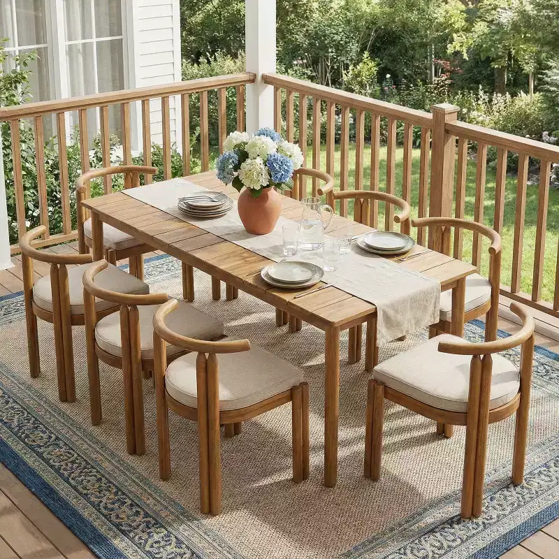 Christopher Knight Home Eleni Rustic 9 Piece Patio Acacia Wood Dining Set with Slatted Tabletop and Cushions