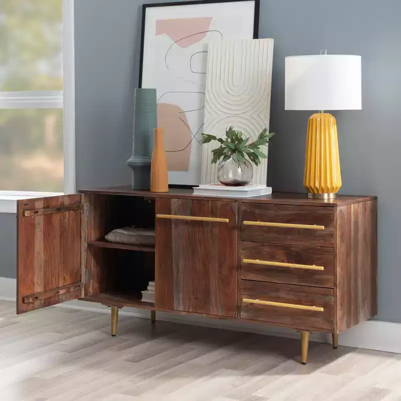 58" Adair Mid Century Modern Storage Console Solid Wood Gold Handle 2 Doors 3 Drawer Brown - Powell: Acacia Entryway Table with Iron Hardware