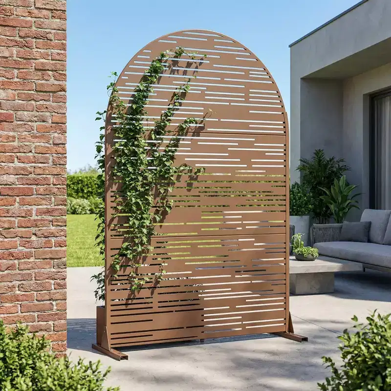 Arched Outdoor Metal Privacy Screen Freestanding Fence Panel, White/Brown, 72