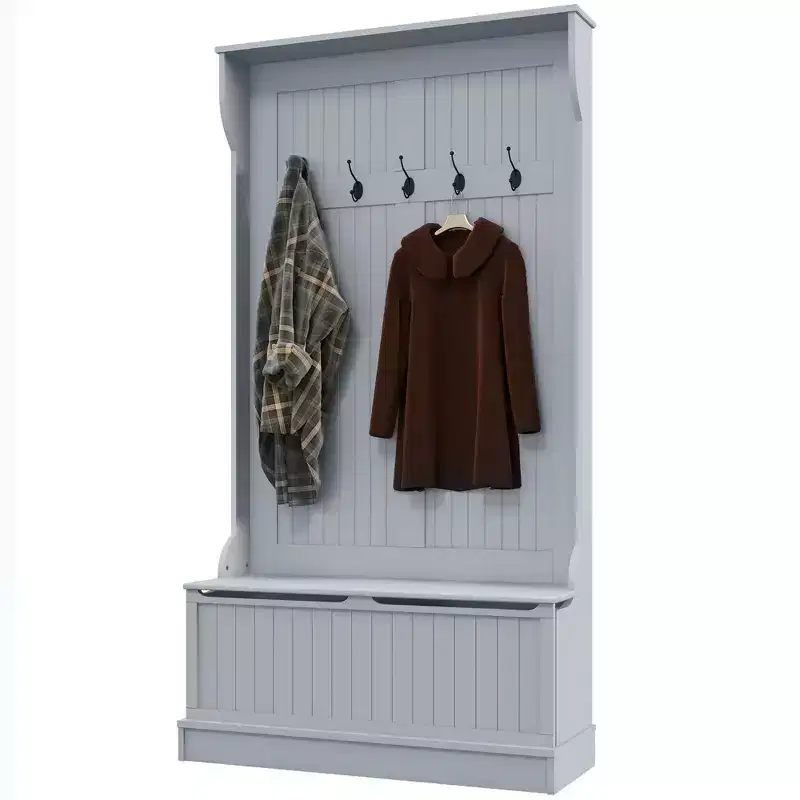 Okak 38IN Entryway Hall Tree with 5 Metal Hooks, Coat Tree with Shoe Storage and Top Door, Freestanding Coat Rack for Living Room, Entryway, Gray