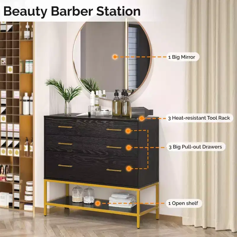 Salon Styling Storage Station with Mirror and 3 Drawers 1 Open Shelf
