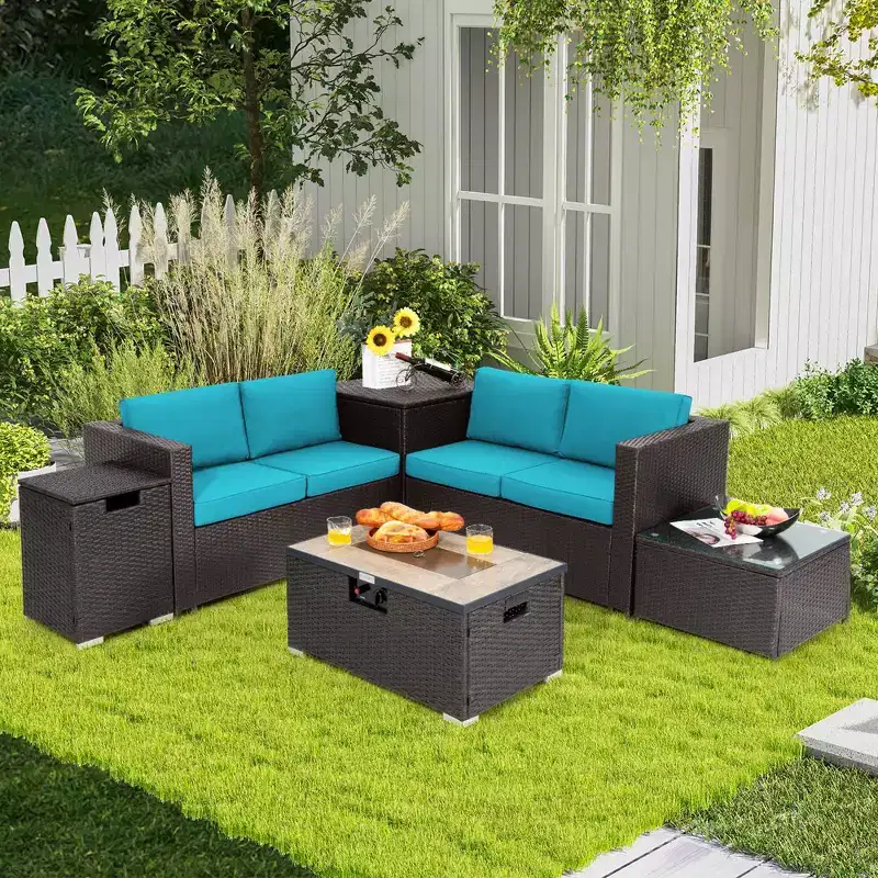 Costway 6PCS Patio Rattan Furniture Set 32'' Fire Pit Table Tank Holder with Cover Beige/Navy/Red/Turquoise