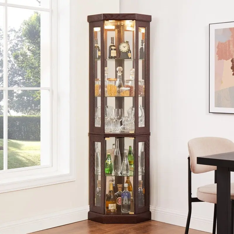 Stylish Corner Display Cabinet with Built-In Lights  Ideal for Showcasing Collectibles, Glassware, or Decor.