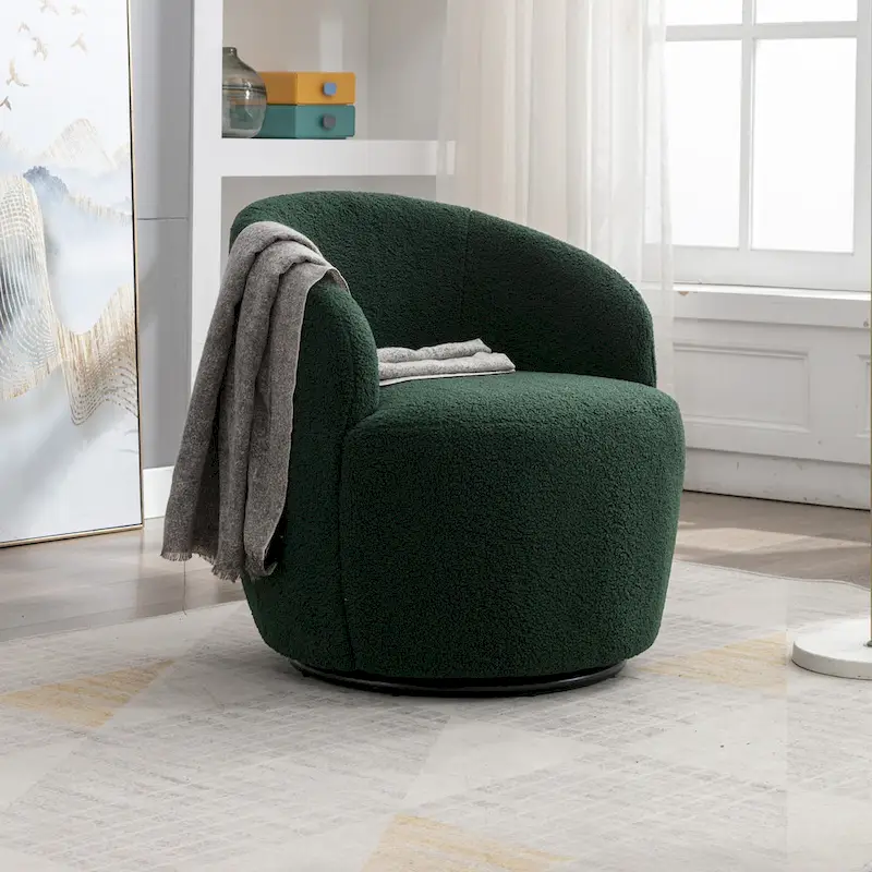Green Chenille Swivel Barrel Chair with Metal Ring Base