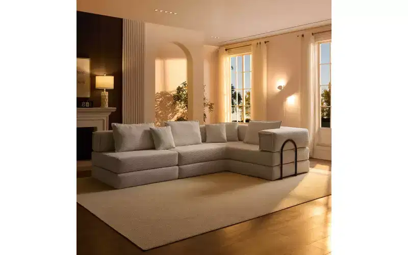 MooxvMoo 118.2 Modular L-Shaped Sectional Sofa Set, 118.2 Inch Oversized Couch with 6 Pillows, Upholstered Floor Sofa, Light Gray