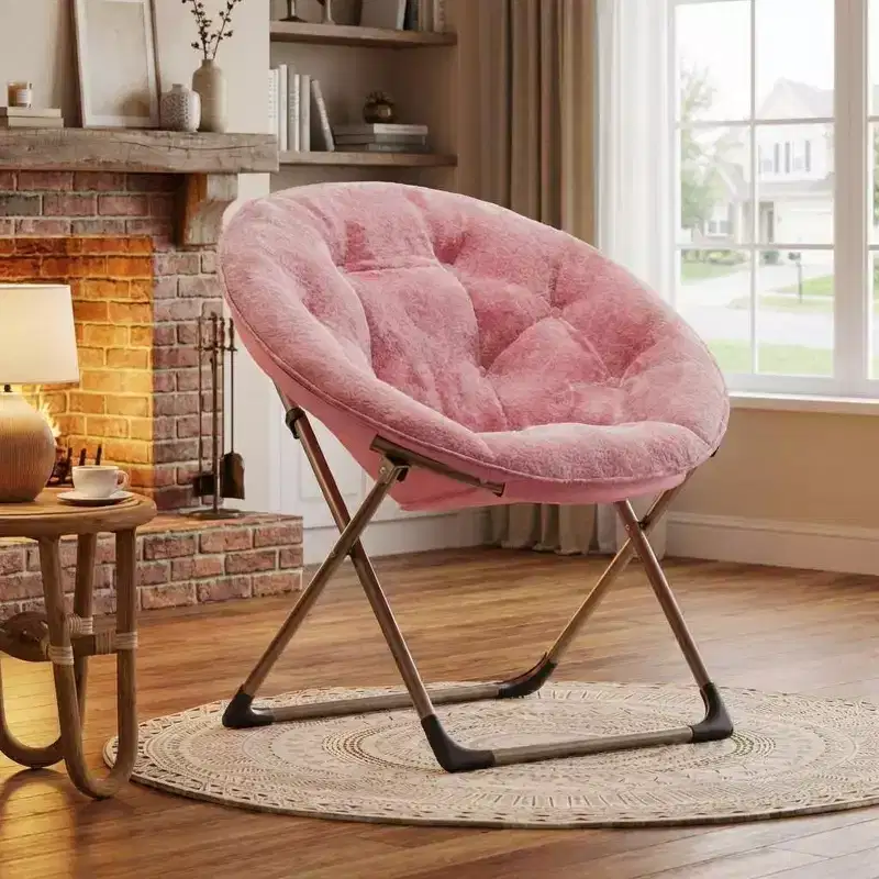 Saucer Chair with Faux Fur, Oversized Plush Foldable Lounge Moon Chair for Adults & Teens, Cozy Accent Seat for Bedroom or Dorm