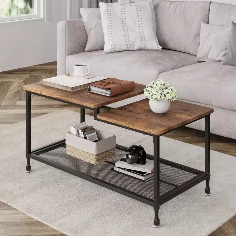 Coffee table,industrial living room table,2-story rustic middle table with mesh frame,rectangular coffee table,metal frame, easy to install