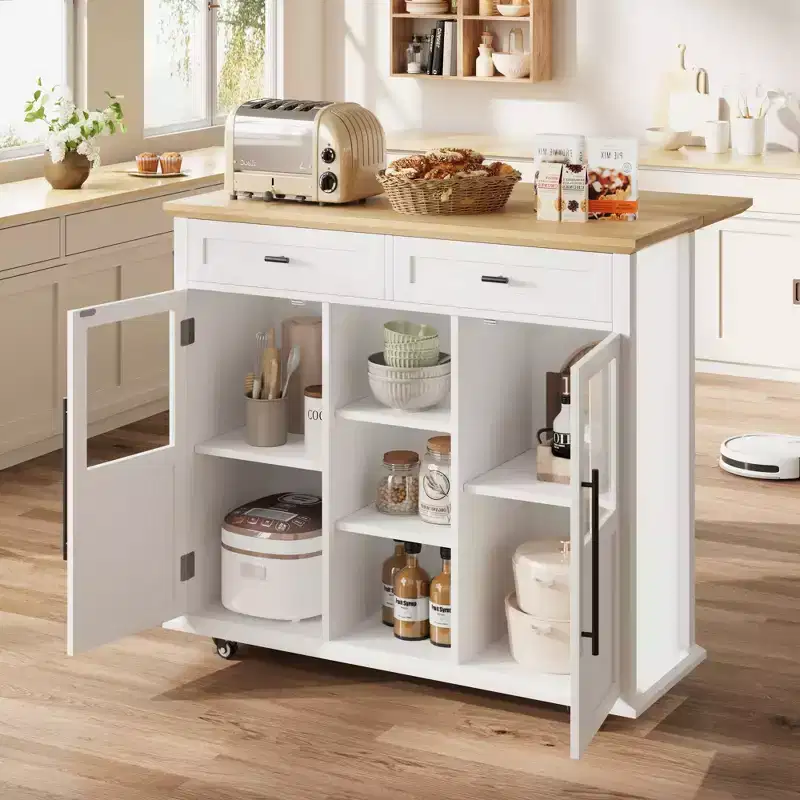 Rolling Kitchen Island Table on Wheels with Drop Leaf, Storage Cabinet, Drawer, Spice/Towel Rack, Kitchen Cart, 41 Wide White