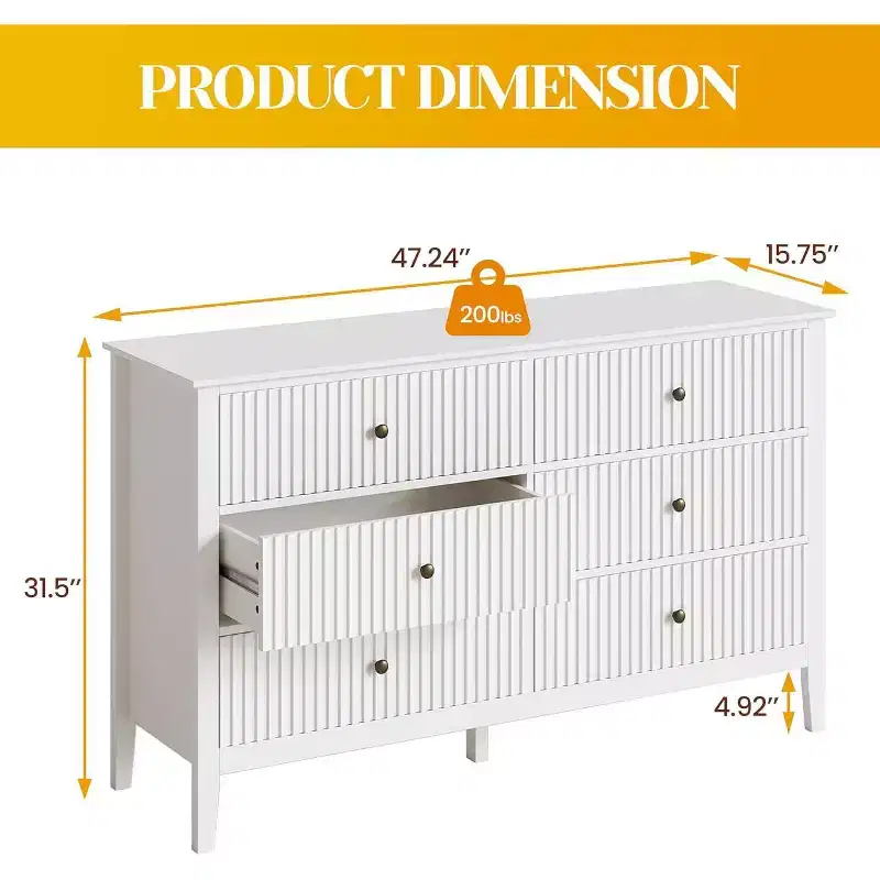 Fluted 6-Drawer Dresser with Soft-Close Drawers, Modern Closet Organizer, White