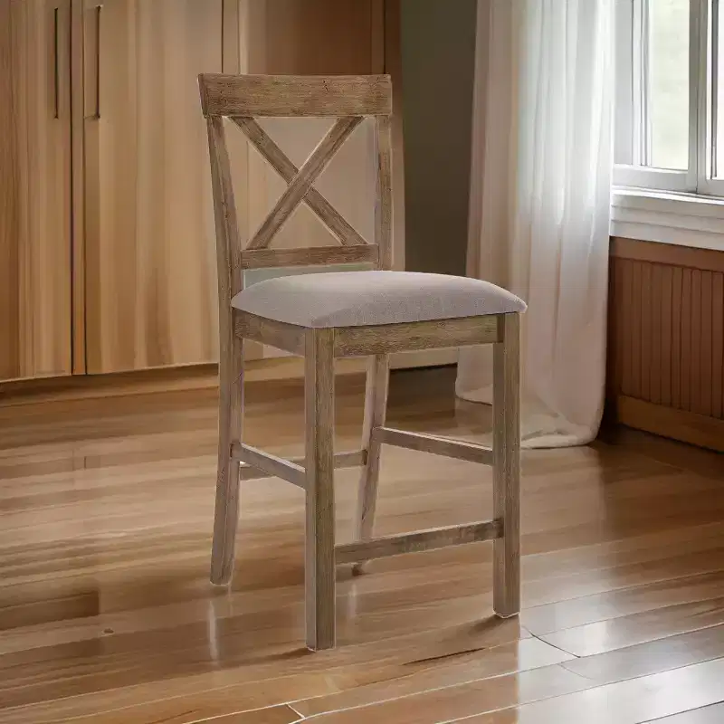 Set of 2 Fabric Upholstered Counter Height Chairs with X-Back & Wood Frame, Brown and Gray