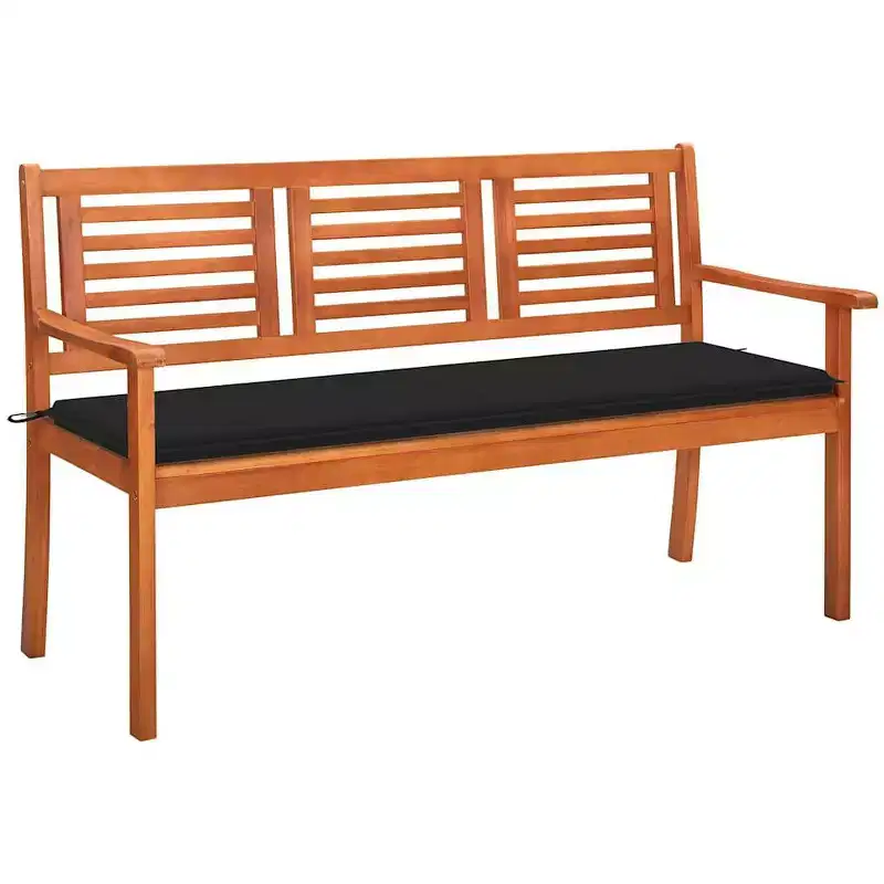 vidaXL Outdoor 3-Seater Patio Bench with Black Cushion, Solid Eucalyptus Wood Construction, Ergonomic Design, Farmhouse Style