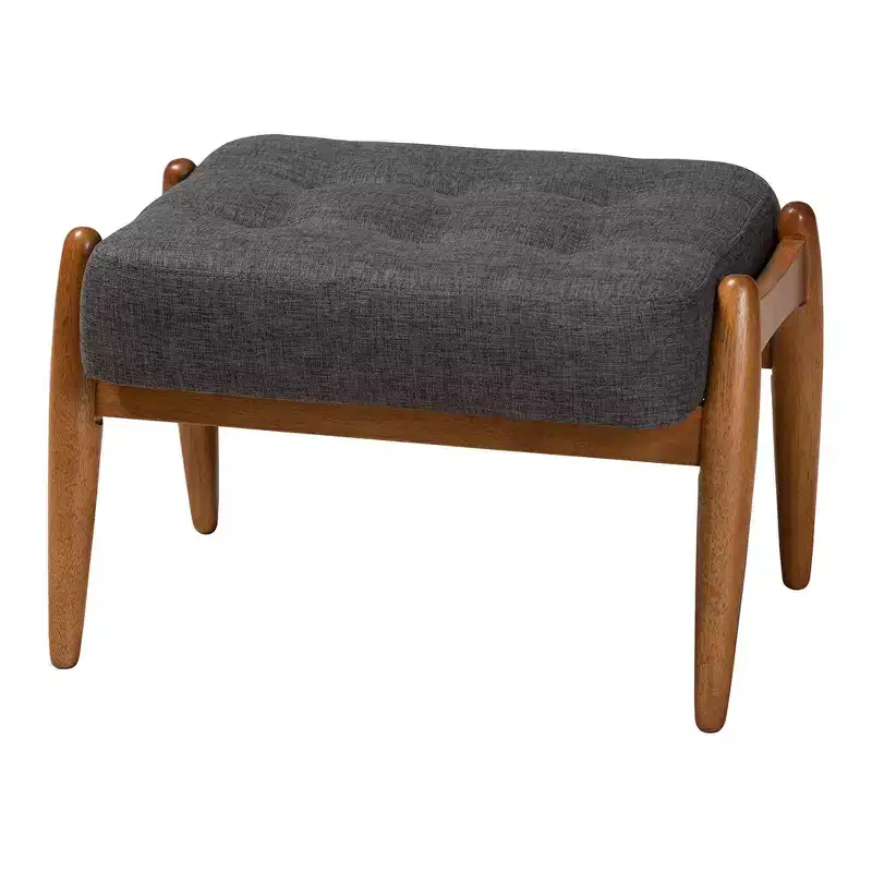 Fabric And Wood Ottoman Footstool Dark Gray/Walnut Brown - Japandi Inspired, Rubberwood Frame, Button-Tufted