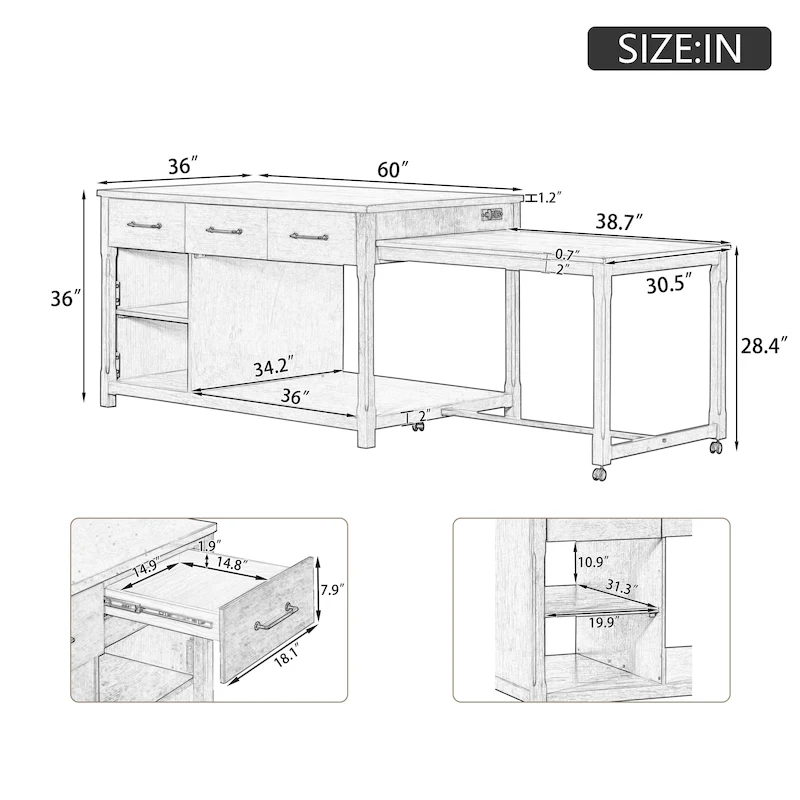 Extendable Kitchen Island With Storage(no include stool)