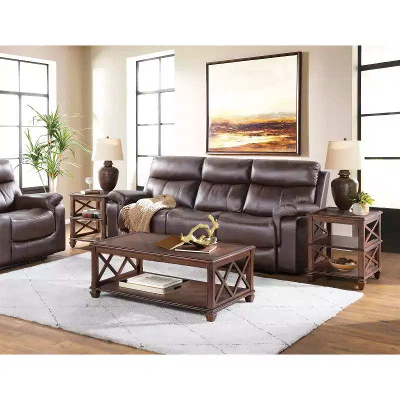 3pc Bridgton Wood Living Room Set with Coffee Table and 2 Shelf End Tables Cherry: Mid-Century Modern Design