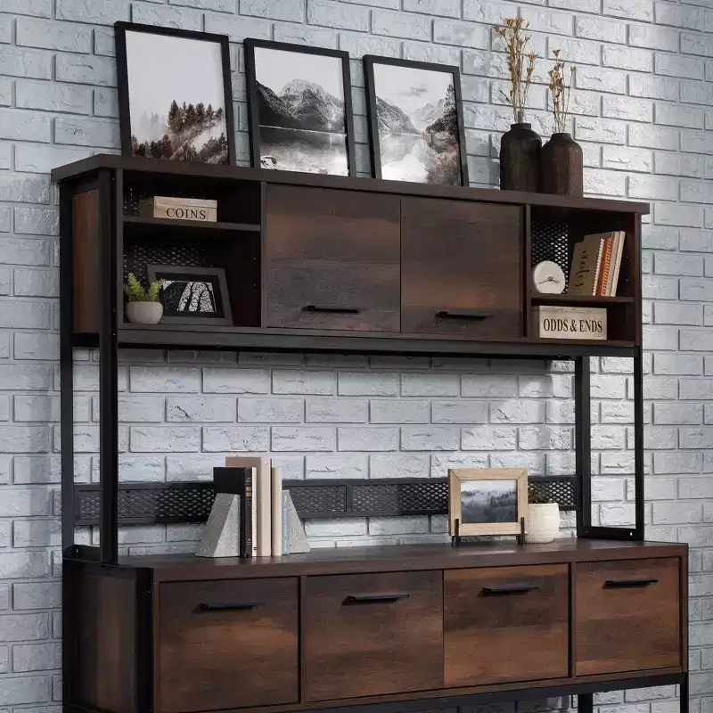 Large Library Hutch, Barrel Oak, Industrial Style, Laminated Surface, Metal Hardware