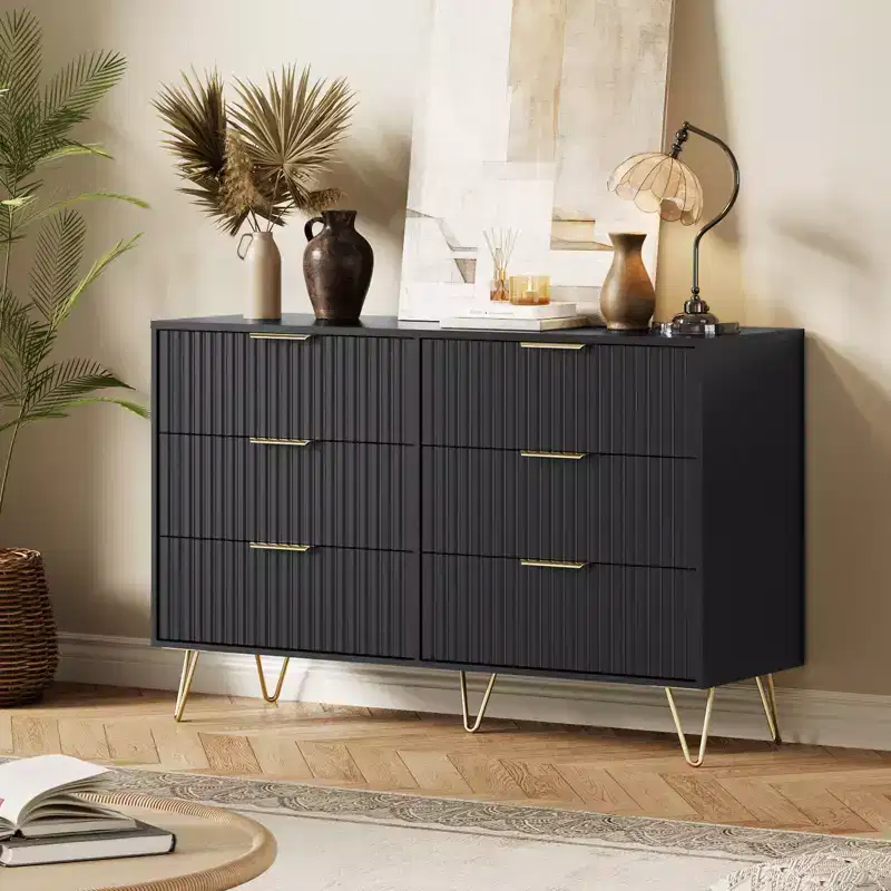 Modern Fluted 6-Drawer Dresser - 47 Wide Wooden Chest with Metal Handles - Spacious Storage Cabinet & Closet Organizer - TV Stand for Living Room