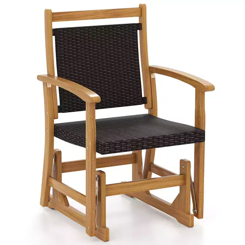 Costway Patio Rattan Glider Chair w/ Acacia Wood Frame & Wicker Seat Back Armrests