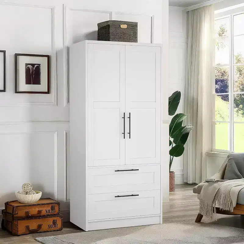 White Wooden Armoire Wardrobe with 2 Doors, 2 Drawers and Hanging Rod