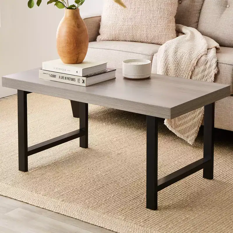 44in Modern Butcher Block Top Coffee Table, Rectangular Wood Accent Table w/ Metal Legs