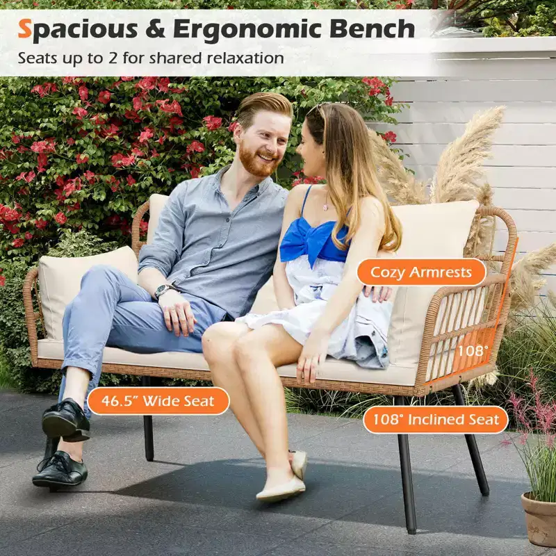 Costway Patio Wicker Loveseat Furniture with Seat Back Cushions, Heavy-Duty Metal Legs Off-White/Black