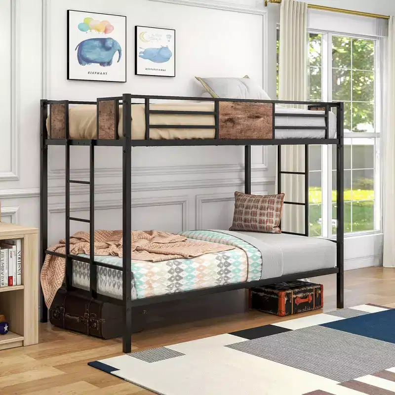 Twin Over Twin Metal Bunk Bed, Heavy Duty Double Safety Guard Rails, Space-Saving Steel Bed for Bedroom & Dorm