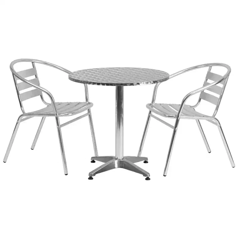 Emma and Oliver 27.5 Round Aluminum Table Set with 2 Slat Back Chairs
