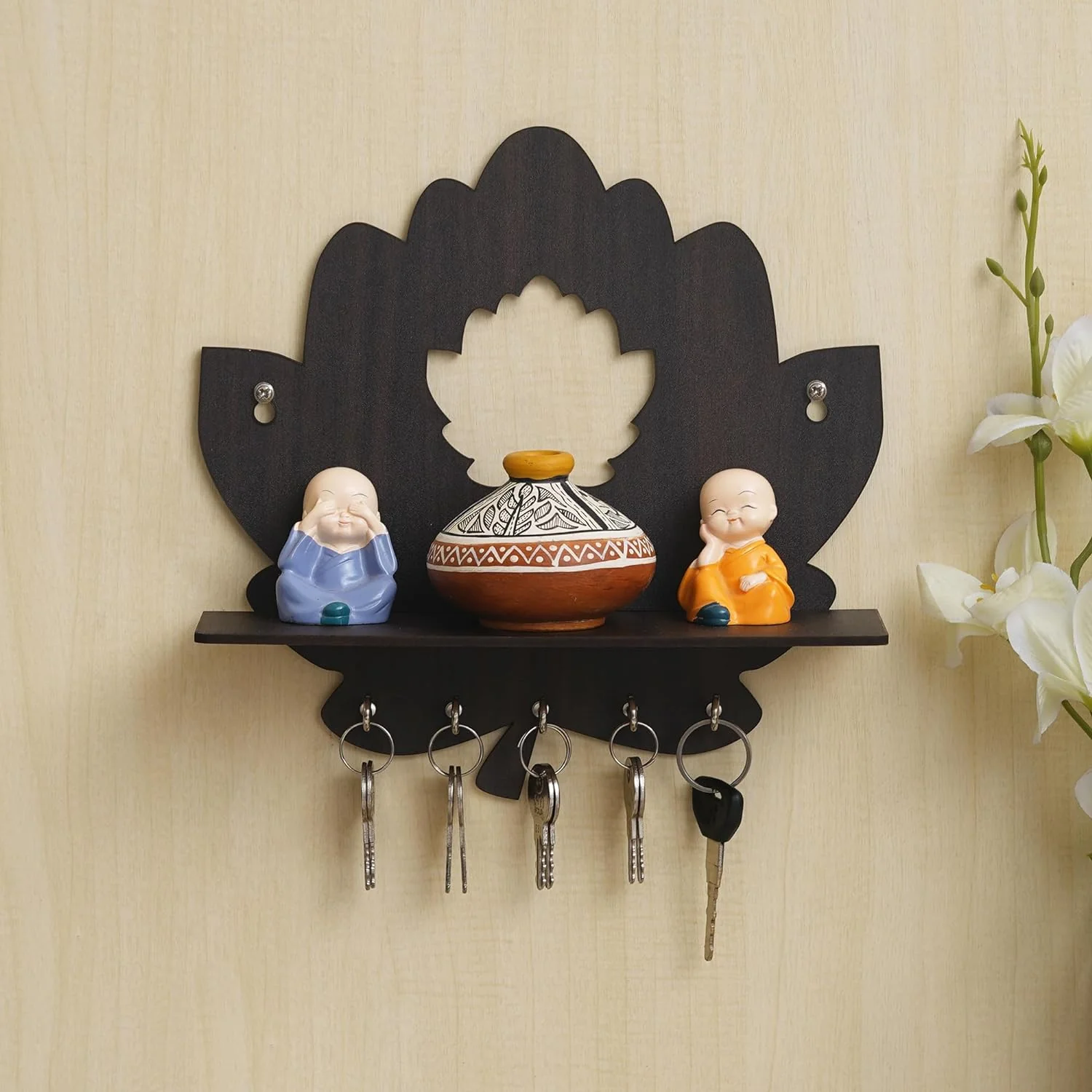Wooden Lotus Shape Key Holder with Wall Shelf, Key Holder with 5 Keys Hooks (Wood Color) Key Holder for HomeOffice Decor (Brown Color)