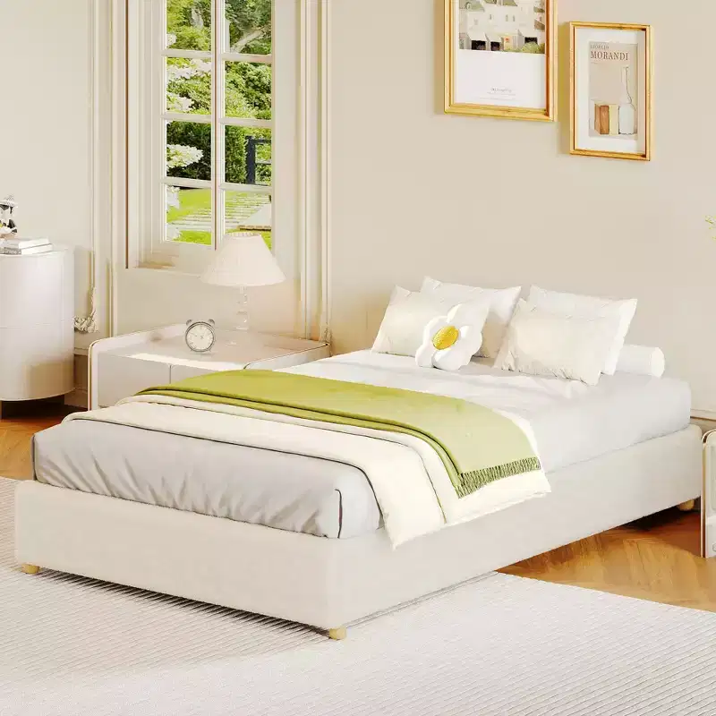 Minimalist Cloud Bed Frame, Boucle / Corduroy Upholstered Low Platform Bed, Wood Legs, No Box Spring Needed