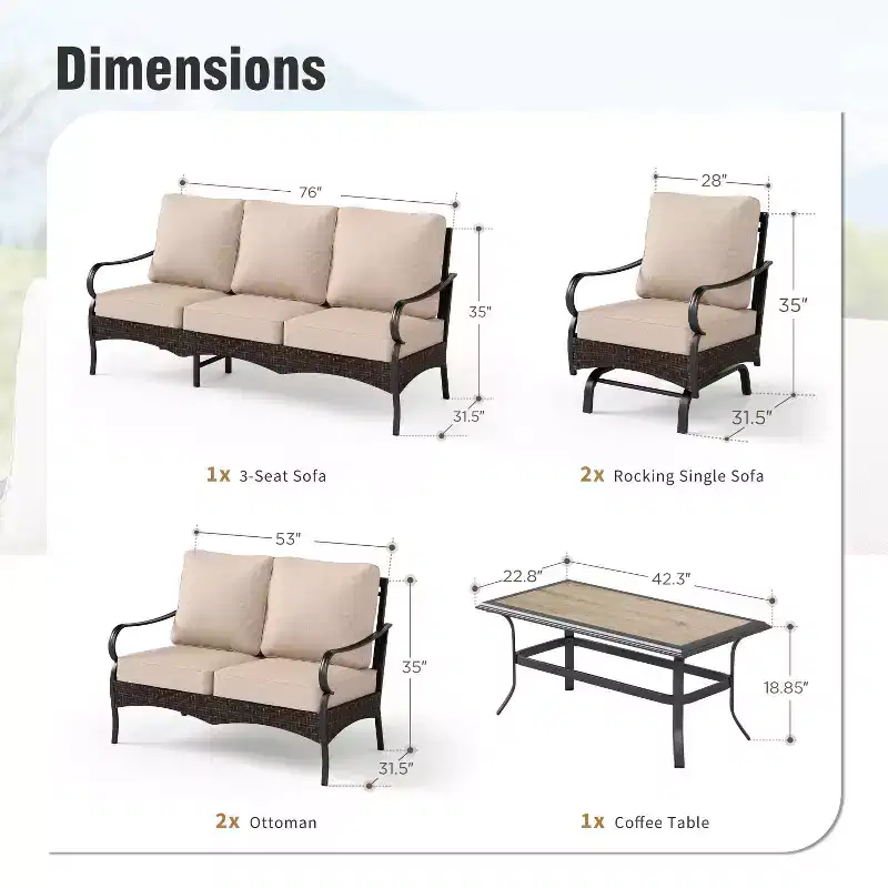 Captiva Designs 5pc Extra Large Metal and Rattan Outdoor Patio Conversation Set with Rocking Chairs and Loveseat