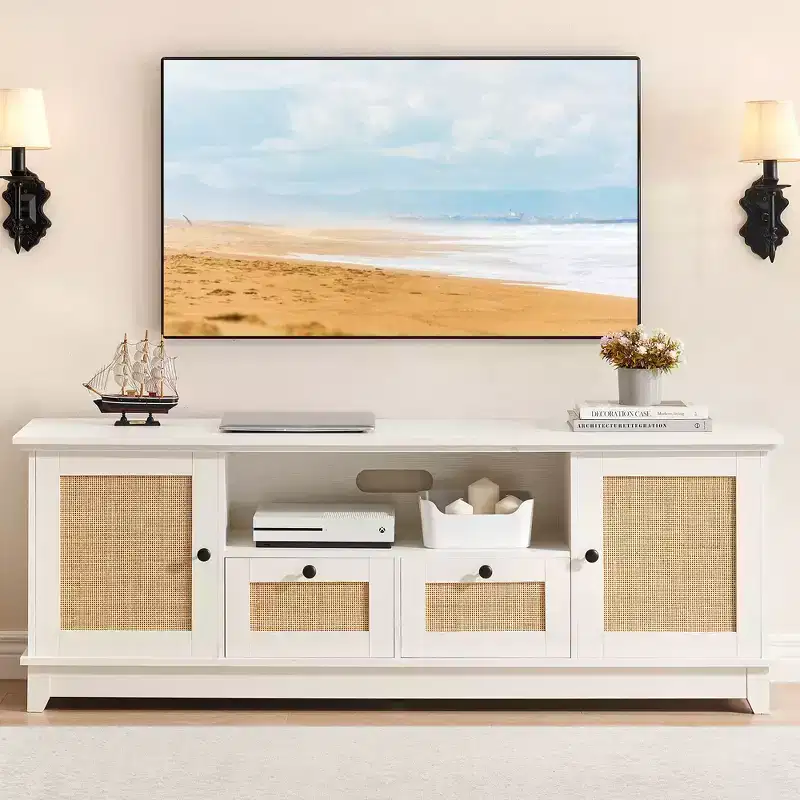Rattan TV Stand for 65in, White Modern Console Table with Storage, Entertainment Center Cabinet, Wood TV Console Media Cabinet Furniture
