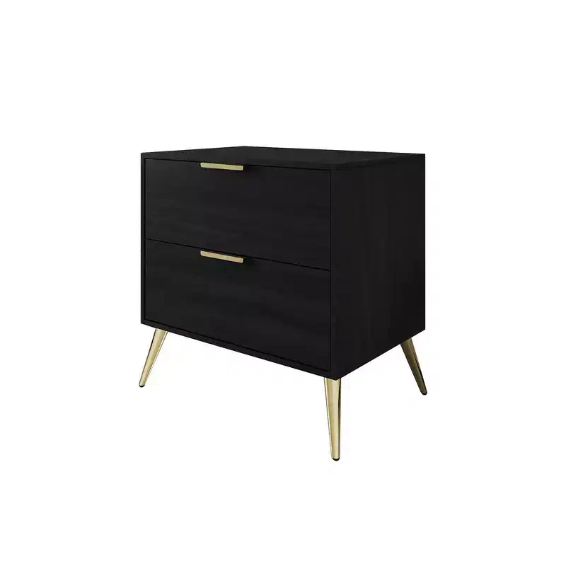 2-Drawer Nightstand with Gold Legs and Handles, Solid Wood