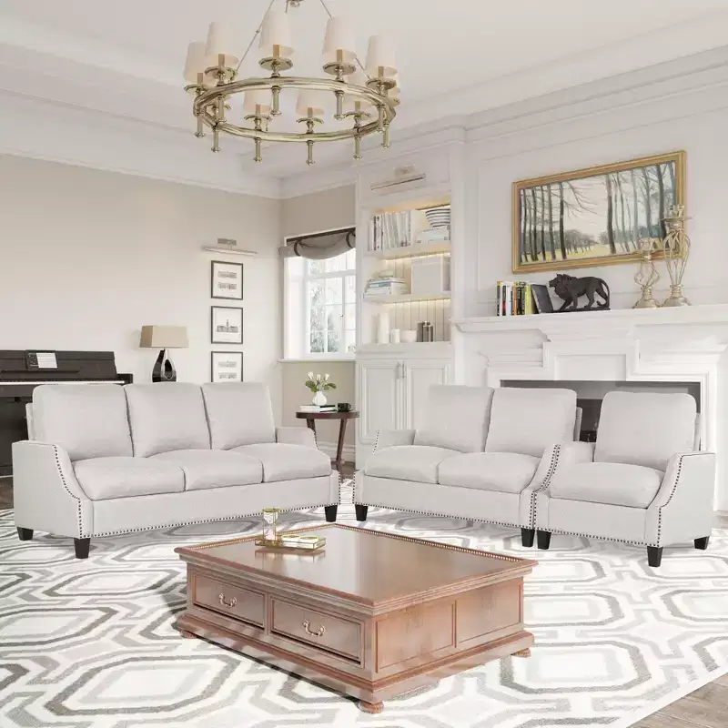 GDFStudio Cordoba Modern 3 Piece Upholstered Sofa Set with Nailhead Trim