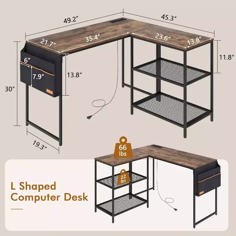 VECELO L Shaped Computer Desk Industrial Corner Gaming Desk with 2-Tier Open Shelf and Storage Pocket Brown