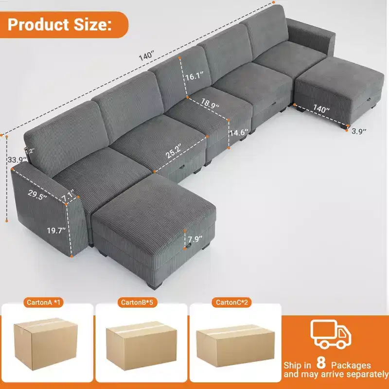 GustoWave 140''W Modular Sleeper Sofa, Sectional Sofa Bed with 7 Seat Modular Couch and Storage, Chaise