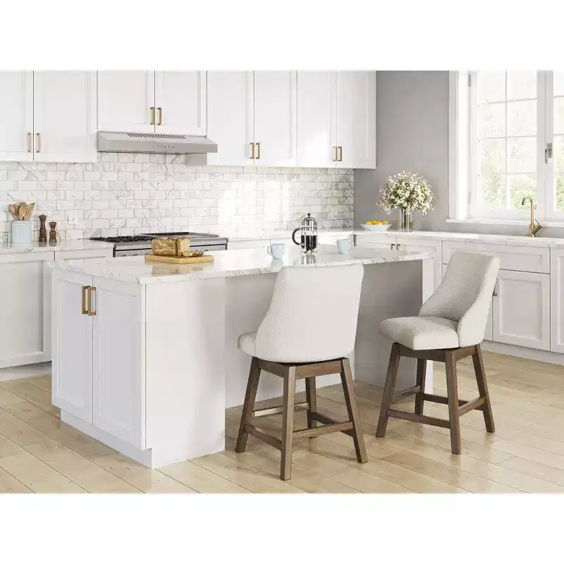 Counter Height Upholstered Swivel Barstools, Light Brown Wood Frame with Oatmeal Cushioned Seat