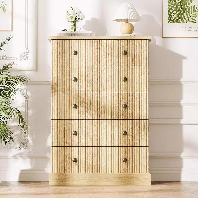 Fluted 5-Drawer Tall Dresser with Metal Handles, Space-Saving Wood Storage for Apartment and Guest Room