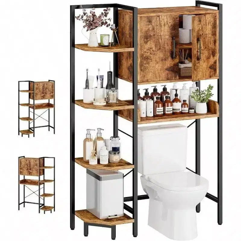Tier Over Toilet Storage Cabinet with Magnetic Doors, Freestanding Above Toilet Shelf, Rustic Brown, Heavy Duty, Adjustable Feet